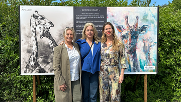 Karin Holmström och Jytte Fredholm Ferreira tillsammans med Helena Johnzon Dahl från Peace Parks Foundation Sweden som tog initiativet till deras första möte. De står framför en tavla med ett foto och en målning av av giraffer.